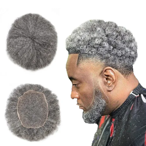 Miniatura 18 de Pelucas afro rizadas para hombre, con encaje francés, de 10 x 8 pulgadas, completamente transparente, de repuesto, sistema de cabello humano rizado