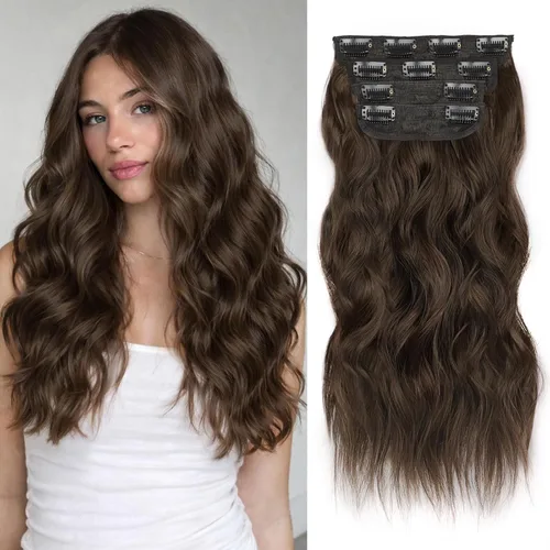 Miniatura 27 de ALXNAN Extensiones de cabello sintético largo y ondulado con clip, de 16 pulgadas, color negro natural, 4 piezas gruesas, fibra de doble trama