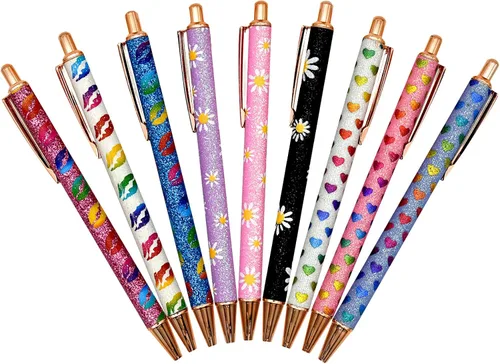 Miniatura 7 de 9 bolígrafos de corazón con purpurina brillante, de metal, margaritas, bolígrafos retráctiles, con estampado de labios, para bodas, mujeres, damas