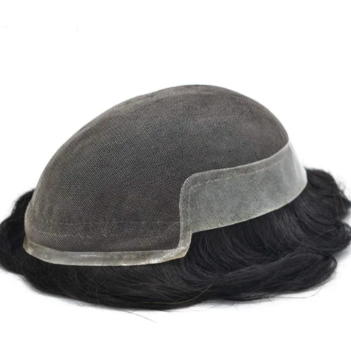 Miniatura 2 de Pelo humano para hombre Toupee French Lace Front Natural Hairline postizos de color marrón medio sistema de reemplazo de cabello virginal