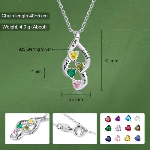 Miniatura 3 de Collar personalizado de plata de ley, collar con colgante de piedra natal de la madre con nombres grabados, collar familiar para mujer, Metal