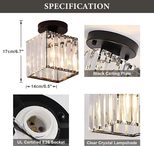 Miniatura 2 de KCO Lámpara de techo pequeña de montaje empotrado de color negro, mini lámpara de cristal moderna para entrada, pasillo, lámparas de techo