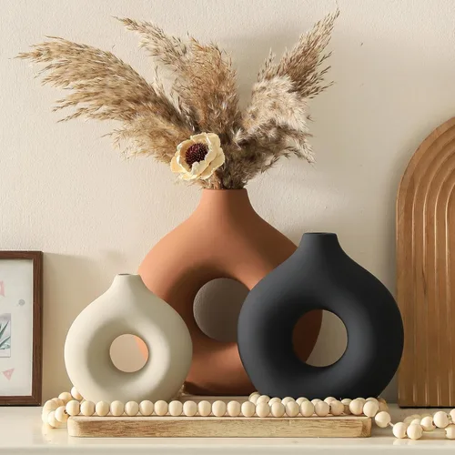 Miniatura 4 de Juego de 3 jarrones de cerámica Vanselia para decoración de mesa del hogar - Jarrones florales pequeños para centro de mesa de sala de estar, Óxido