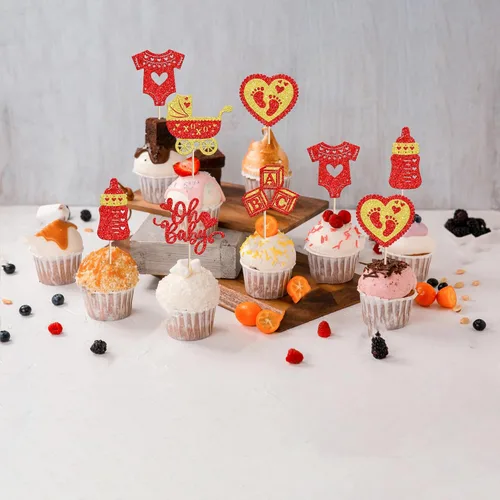 Miniatura 4 de 24 piezas de decoración para cupcakes para el día de San Valentín con purpurina roja para pies de bebé, carruaje de amor, corazón, día de San