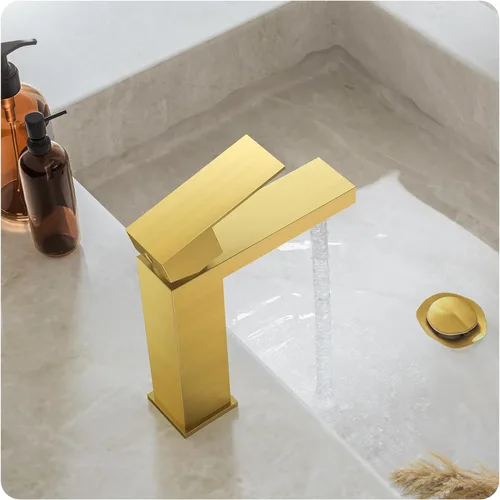 Miniatura 8 de Phiestina Grifo de tocador de baño de una sola manija cuadrada de oro cepillado con drenaje desplegable de metal con placa de cubierta, línea