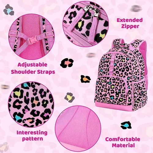 Miniatura 4 de Choco Mocha Mochila de escuela primaria de 17 pulgadas para niños, rosa (Leopard-pink)