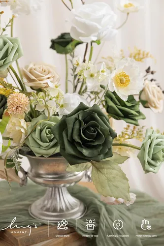 Miniatura 3 de Ling's moment Flores Artificiales Verdes, Juego de Caja de Lujo Combo de Flores Verde Esmeralda y Beige con Follaje para Ramo de Novia DIY de Boda