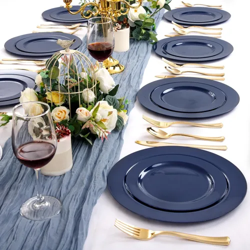 Miniatura 7 de FLOWERCAT 100 platos de plástico azul – Platos desechables azules resistentes para conmemoración/fiesta de cumpleaños/graducación – Incluye 50 Azul