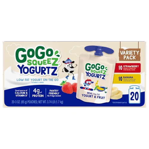 Miniatura 4 de GoGo squeeZ YogurtZ Paquete variado, fresa y plátano, 3 onzas (paquete de 20), aperitivos para niños hechos de yogur real y fruta, no necesita