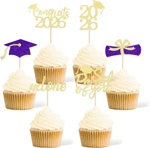 Miniatura 8 de 36 adornos para cupcakes de graduación de clase 2026, con purpurina azul de doble cara para suministros de fiesta de graduación, decoraciones