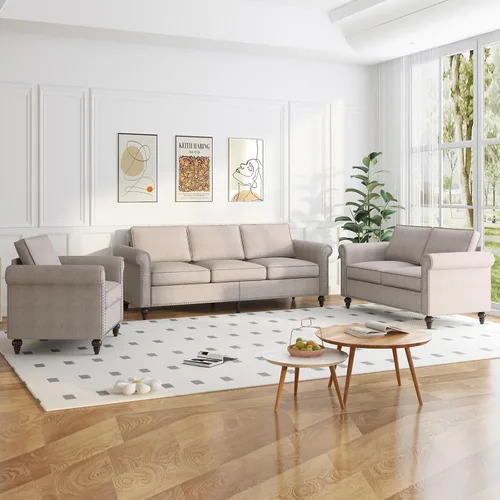 Miniatura 5 de PUREMIND Juego de sofá de 2 piezas para muebles de sala de estar, juego de sofá y silla de oficina moderno de lino con patas de madera maciza, sofá