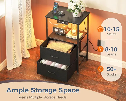 Miniatura 6 de Casaottima Mesita de noche con estación de carga y luces LED, mesa auxiliar para dormitorio con 2 cajones de tela, pequeña mesita de noche con Negro