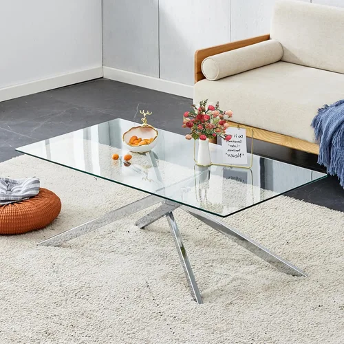 Miniatura 12 de Mesa de centro de cristal para sala de estar, moderna rectangular con parte superior de vidrio templado transparente y patas de metal, mesas de Negro