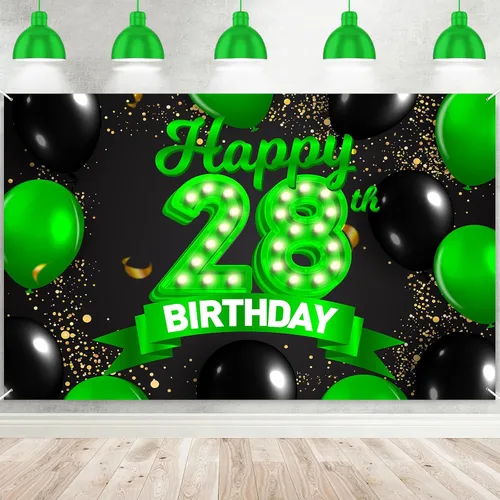 Miniatura 62 de Cartel de feliz cumpleaños 26 verde y negro, telón de fondo con texto en inglés "Cheers to 26 years old confeti", globos de confeti, decoración