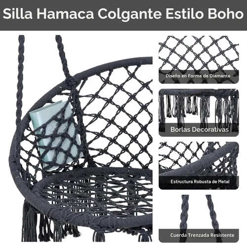 Miniatura 3 de ANOW Silla colgante con soporte incluido, hamaca resistente con soporte y cojín acolchado extraíble, máximo 400 libras, gris oscuro