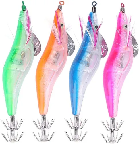Ganchos de calamar iluminados, 4 piezas de luz LED, juego de cebo de camarón de pesca de simulación, señuelos de gamba de calamar cangrejo de río