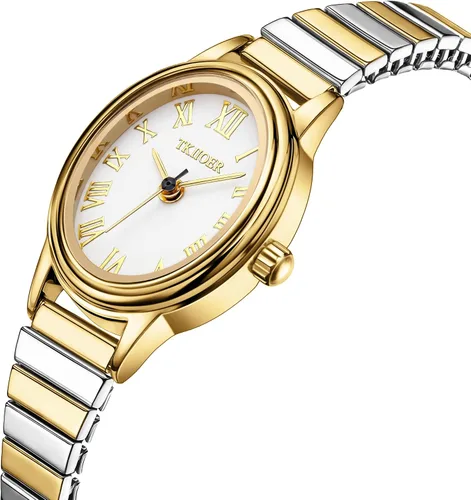 Miniatura 2 de Relojes pequeños de oro para mujer, reloj analógico de esfera fácil de leer, caja ovalada, banda de expansión de acero inoxidable, reloj impermeable