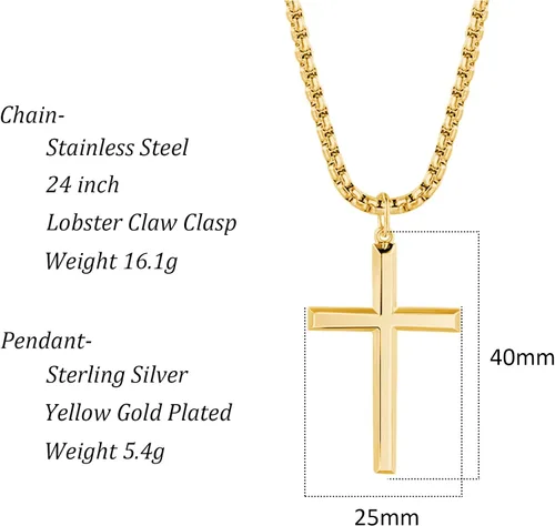 Miniatura 6 de FANCIME Collar con cruz biselada de plata de ley 925 maciza pulida con chapa de oro amarillo o blanco Collar de crucifijo para hombre Collar largo