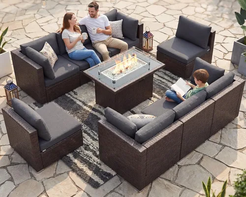 Miniatura 123 de NICESOUL Juego de muebles de patio para exteriores de 7 piezas con mesa para hoguera, gas natural y propano convertible, respaldo alto de 29.3