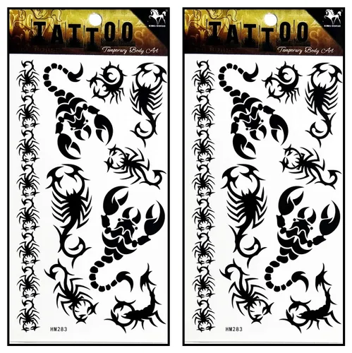 Tatuajes 2 hojas negro escorpión animal brazo cuerpo tatuaje arte maquillaje para hombres tatuajes temporales papel impermeable para hombres mujeres