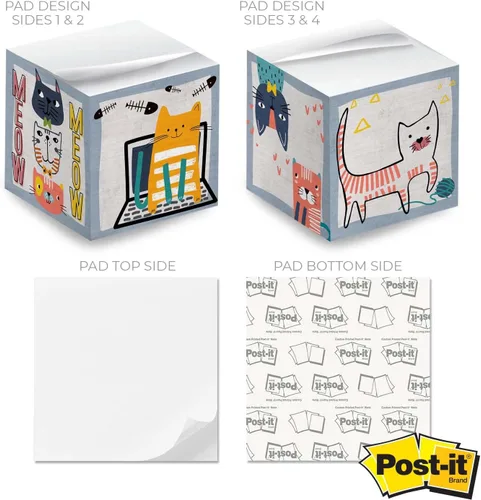 Miniatura 6 de Whimsical Cats - Cubo de notas adhesivas para gatos, 600 hojas, bloque de notas de 2.75 pulgadas impreso en 4 lados, diseño felino diferente en cada