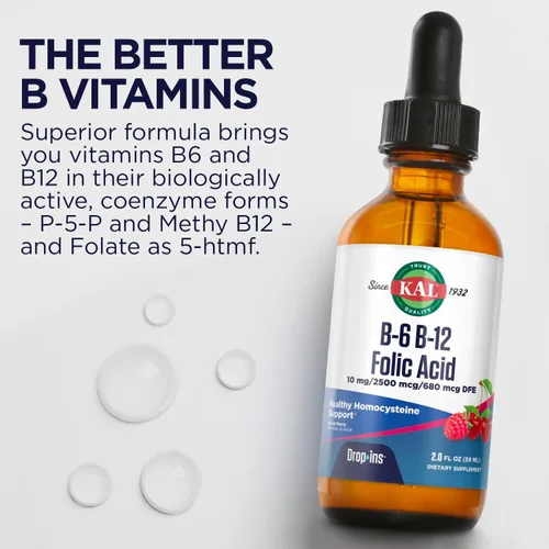 Miniatura 6 de KAL Vitamina B-6 B-12 Ácido Fólico DropIns, Gotas de Suplemento Líquido de Vitamina B, Salud del Corazón, Energía, Soporte de Glóbulos Rojos
