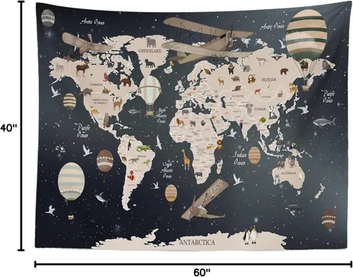 Miniatura 8 de BELECO Tapiz de mapa del mundo para colgar en la pared, diseño de animales de dibujos animados, 60 x 40 pulgadas, diseño vintage de aviones