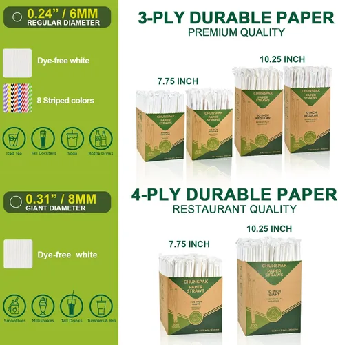 Miniatura 9 de Pajitas de papel desechables envueltas individualmente de 7.75 x 0.24 pulgadas, rayas coloridas [400 unidades] - biodegradables ecológicos