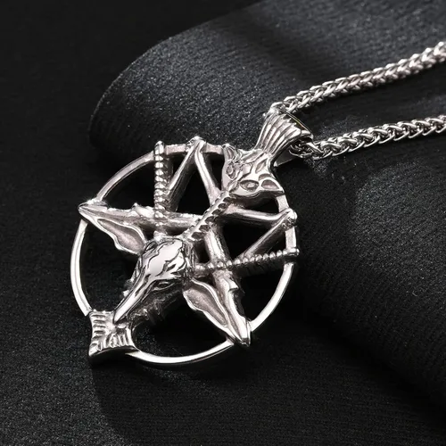 Miniatura 3 de Collar de pentagrama invertido de Satanás Colgante de calavera de cabeza de cabra baphomet de acero inoxidable, joyería satánica de cabra