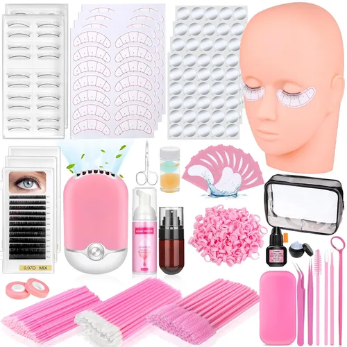 Kit profesional de 404 suministros para extensiones de pestañas con racimos de pestañas, abanico de pestañas, pegamento de extensión, removedor de