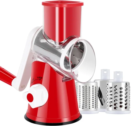 rallador giratorio de queso, triturador manual para cocina, rebanador redondo con mandolina, molinillo seguro con 3 cuchillas intercambiables para