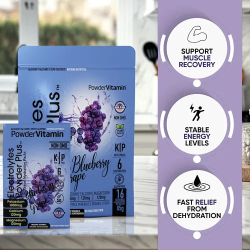 Miniatura 4 de PowderVitamin Electrolitos en polvo Plus, Keto, uva de arándano, sin azúcar, sal rosa del Himalaya, 1000 mg de potasio, 120 mg de calcio, 120 mg