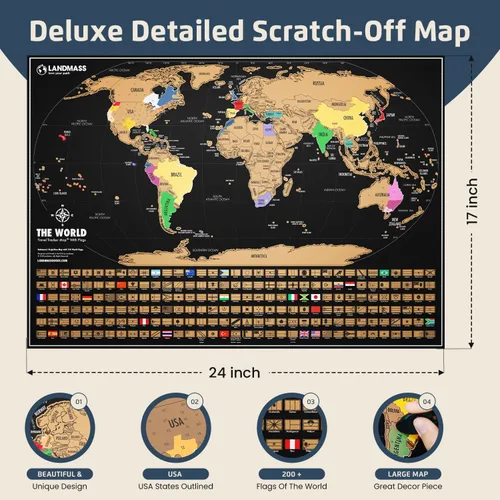 Miniatura 2 de Landmass Mapa del mundo para rascar, rastreador de viaje de lujo con banderas, cartografía detallada, idea de regalo para viajeros, arte de pared