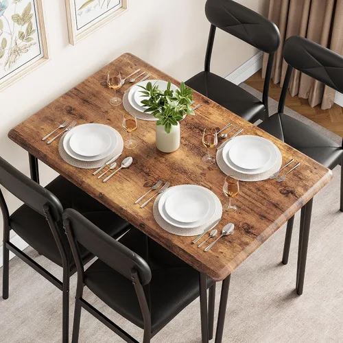 Miniatura 2 de Mesa de comedor de cocina y sillas tapizadas para 4, mesa rectangular de madera para 4 asientos, juego de comedor industrial de 5 piezas