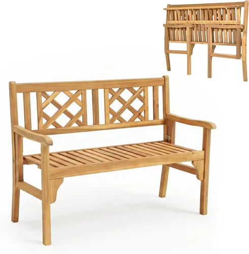 HAPPYGRILL Banco de patio al aire libre, banco de jardín de madera de acacia con respaldo y reposabrazos, silla plegable de 4 pies para dos personas