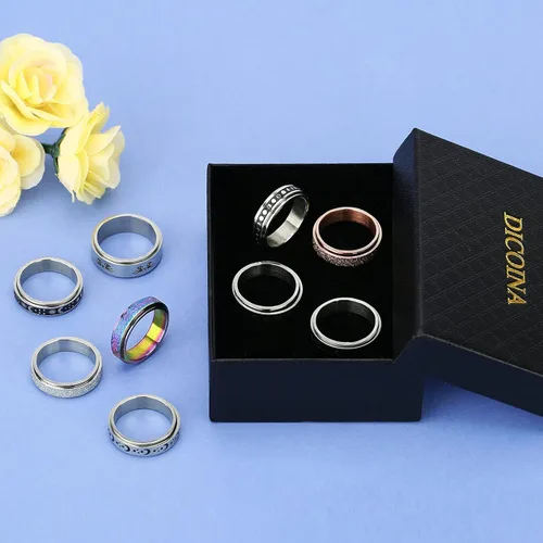 Miniatura 6 de DICOINA 9Pcs Stainless Steel Fidget Rings for Women Men Spinner Anxiety Rings Moon Star Matching Rings Wedding Promise Band Rings Size5-10