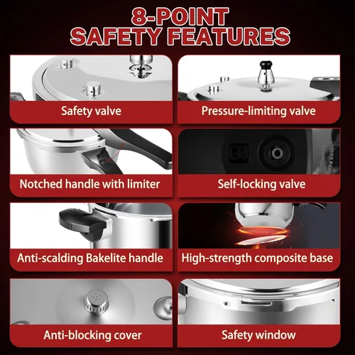 Miniatura 3 de Olla a presión de acero inoxidable de 8 cuartos, compatible con estufa e inducción, sistema de seguridad múltiple de alta resistencia, grado