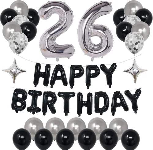 Miniatura 11 de Decoraciones de fiesta de cumpleaños color negro y plateado para niños y niñas, suministros de fiesta de cumpleaños número 14 con pancarta negra