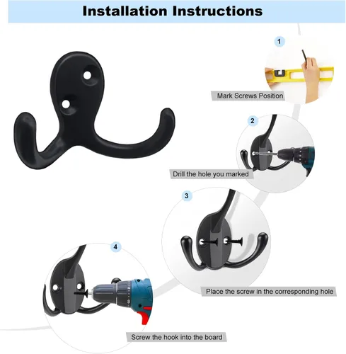 Miniatura 3 de Kruodop Paquete de 10 Ganchos de Pared Montados en Pared Ganchos para Abrigos para Colgar Resistentes, Ganchos Negros para Toallas, Colgador