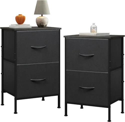 Miniatura 28 de WLIVE Mesita de noche negra, cómoda pequeña con 2 cajones y superficie de madera, mesita de noche con cestas de tela, mesa de cabecera mesa auxiliar