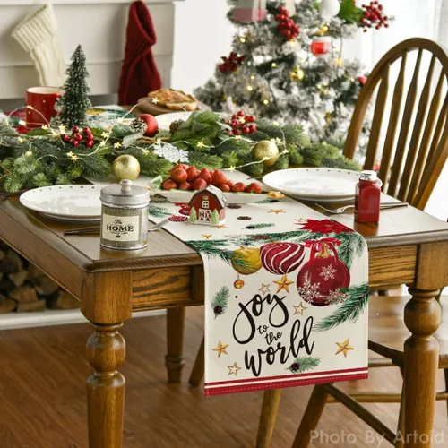Miniatura 2 de Artoid Mode Bolas de Navidad con diseño de bolas de Navidad, Pino y Poinsettia, Camino de mesa de Navidad, decoración de mesa de comedor