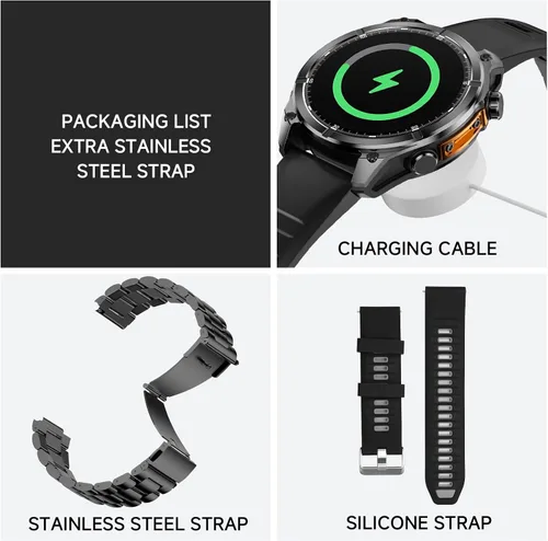Miniatura 7 de Reloj inteligente para hombre, brújula, cuerpo de acero inoxidable, resistente al agua hasta 98.4 ft, batería extragrande de 400 mAh, reloj Negro