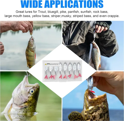 Miniatura 8 de Cucharas de pesca, 8 cucharas de metal de fundición de metal, cuchara de lucio, señuelos de trucha con ganchos agudos para lubina, trucha, salmón