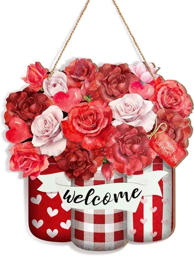 Karenhi Corona de puerta del día de San Valentín para puerta delantera, letrero de madera, decoración del día de San Valentín, decoración de