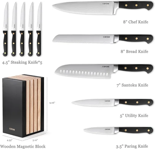 Miniatura 2 de CAROTE Juego de 11 cuchillos con bloque para cocina, hoja súper afilada de acero inoxidable, mango ergonómico con triple remache, bloque magnético