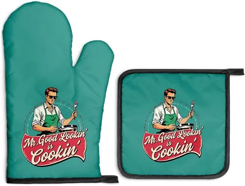 Miniatura 9 de Always Use Protection - Juego de guantes de horno y soportes para ollas, divertidos guantes de cocina retro para panaderos, regalos de inauguración