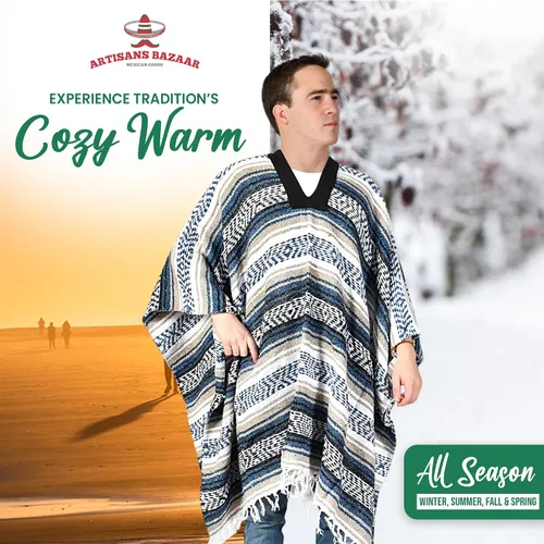 Miniatura 95 de Artisans Bazaar Poncho tradicional mexicano de Baja para hombres y mujeres, auténtico sarape de Gaban, manta de vaquero Pancho Jorongo