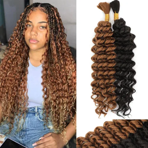 Miniatura 18 de Mezcla de cabello humano trenzado sintético de onda profunda a granel para trenzar, 16 pulgadas, cabello trenzado húmedo y ondulado, 2 piezas