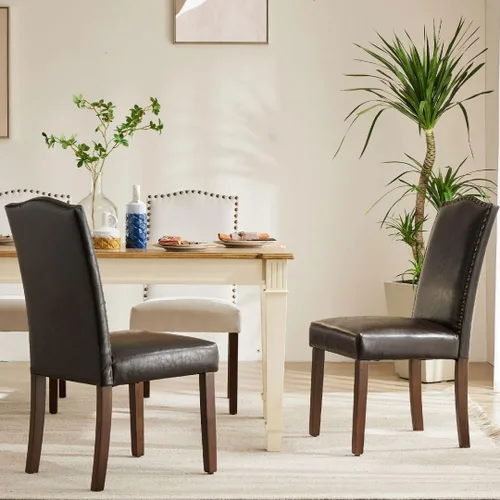 Miniatura 2 de Juego de 2 sillas de cocina modernas tapizadas de tela con ribete de cabeza de clavo y soporte lumbar ergonómico para sala de estar y comedor Marrón
