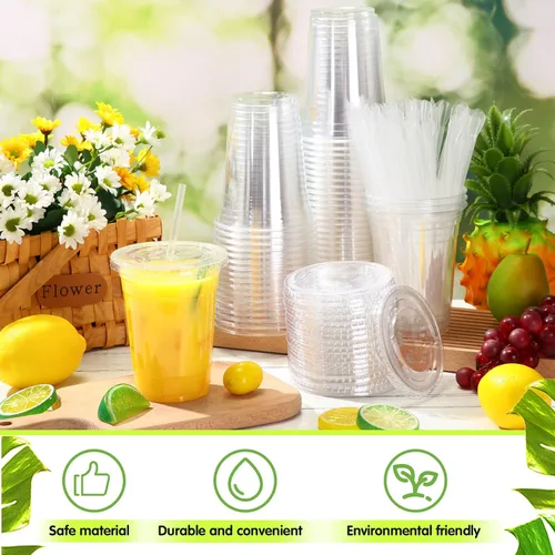 Miniatura 5 de Eaasty Juego de 150 vasos de plástico transparente de 16 onzas con cuchara, pajitas y tapas planas, desechables, para café helado, postre, yogur